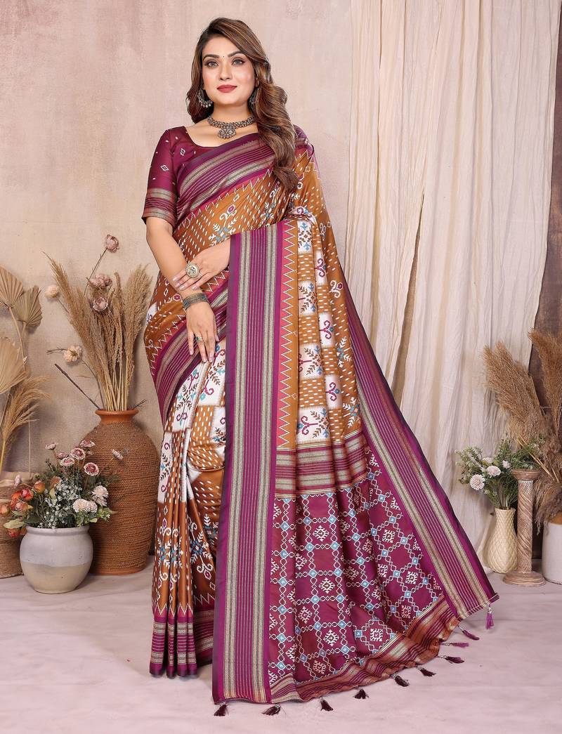 mustard color soft silk blend blend fabric ikkat weaving designer traditional partywear saree