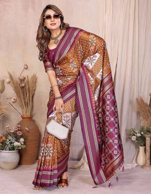mustard soft silk blend blend ikkat weaving traditional partywear saree 5