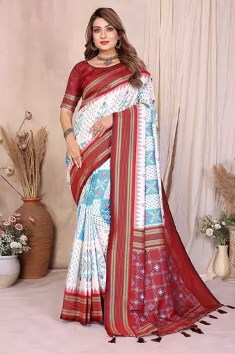 off white color soft silk blend blend fabric ikkat weaving designer traditional partywear saree