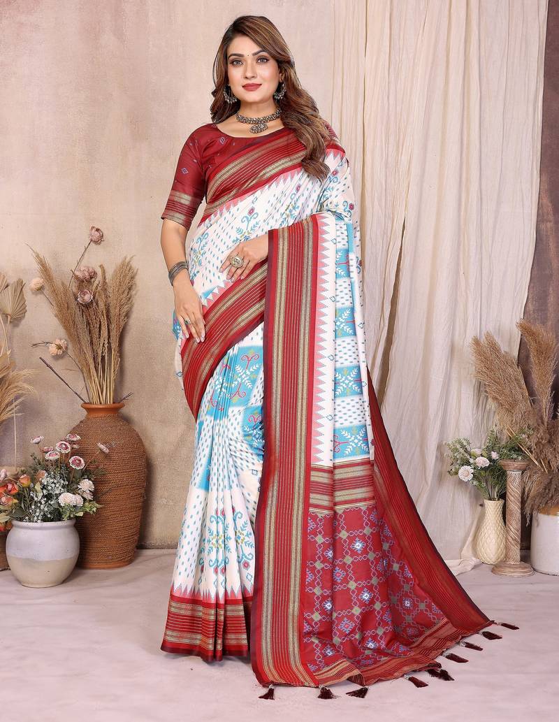 off white color soft silk blend blend fabric ikkat weaving designer traditional partywear saree