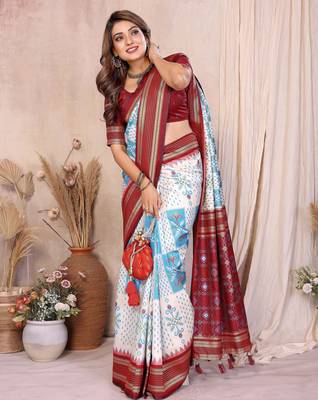 off white soft silk blend blend ikkat weaving traditional partywear saree 5