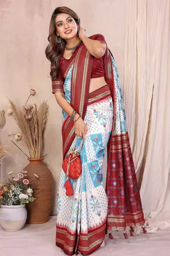 off white soft silk blend blend ikkat weaving traditional partywear saree