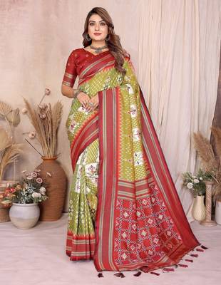 green soft silk blend blend ikkat weaving traditional partywear saree 1