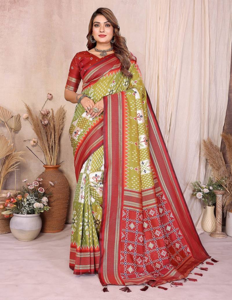 green color soft silk blend blend fabric ikkat weaving designer traditional partywear saree