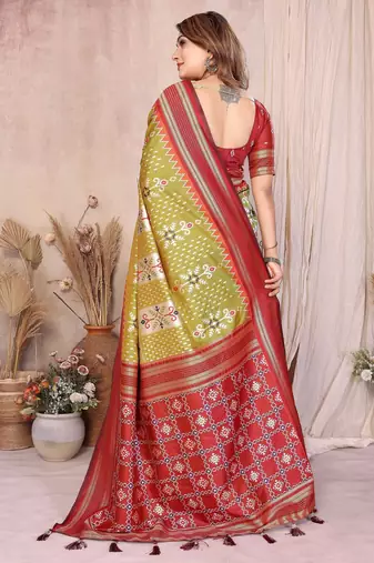 green soft silk blend blend ikkat weaving traditional partywear saree