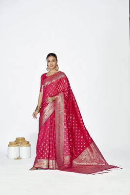 pink faux banarasi art silk blend woven zari butti celebrity fancy saree 1