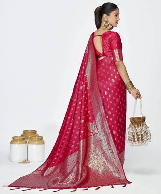 pink faux banarasi art silk blend woven zari butti celebrity fancy saree 2