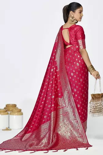 pink faux banarasi art silk blend woven zari butti celebrity fancy saree