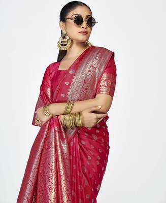pink faux banarasi art silk blend woven zari butti celebrity fancy saree 3