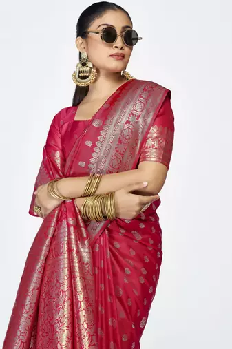 pink faux banarasi art silk blend woven zari butti celebrity fancy saree