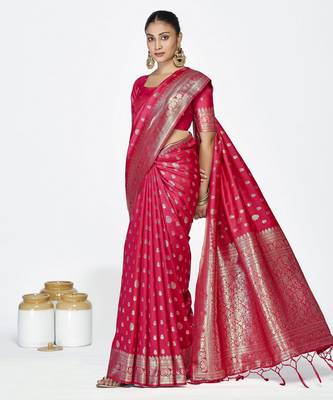 pink faux banarasi art silk blend woven zari butti celebrity fancy saree 4