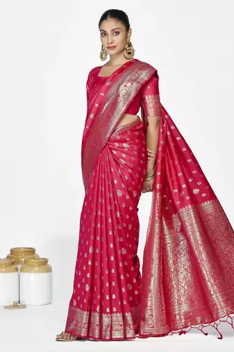 pink faux banarasi art silk blend woven zari butti celebrity fancy saree