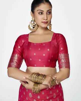 pink faux banarasi art silk blend woven zari butti celebrity fancy saree 5