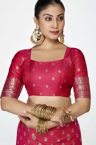 pink faux banarasi art silk blend woven zari butti celebrity fancy saree