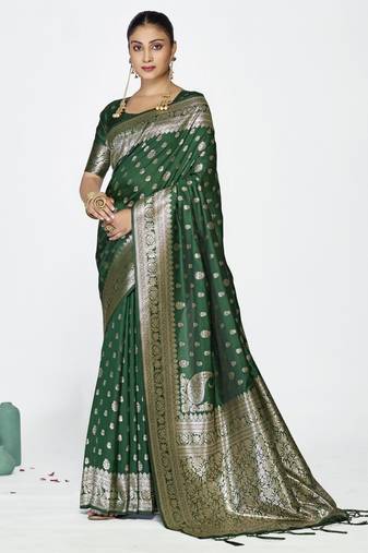 green color banarasi art silk fabric  woven jari butti designer celebrity fancy saree