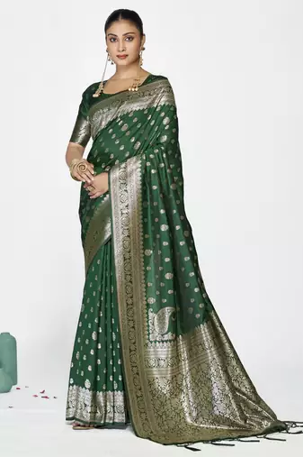 green color banarasi art silk fabric  woven jari butti designer celebrity fancy saree