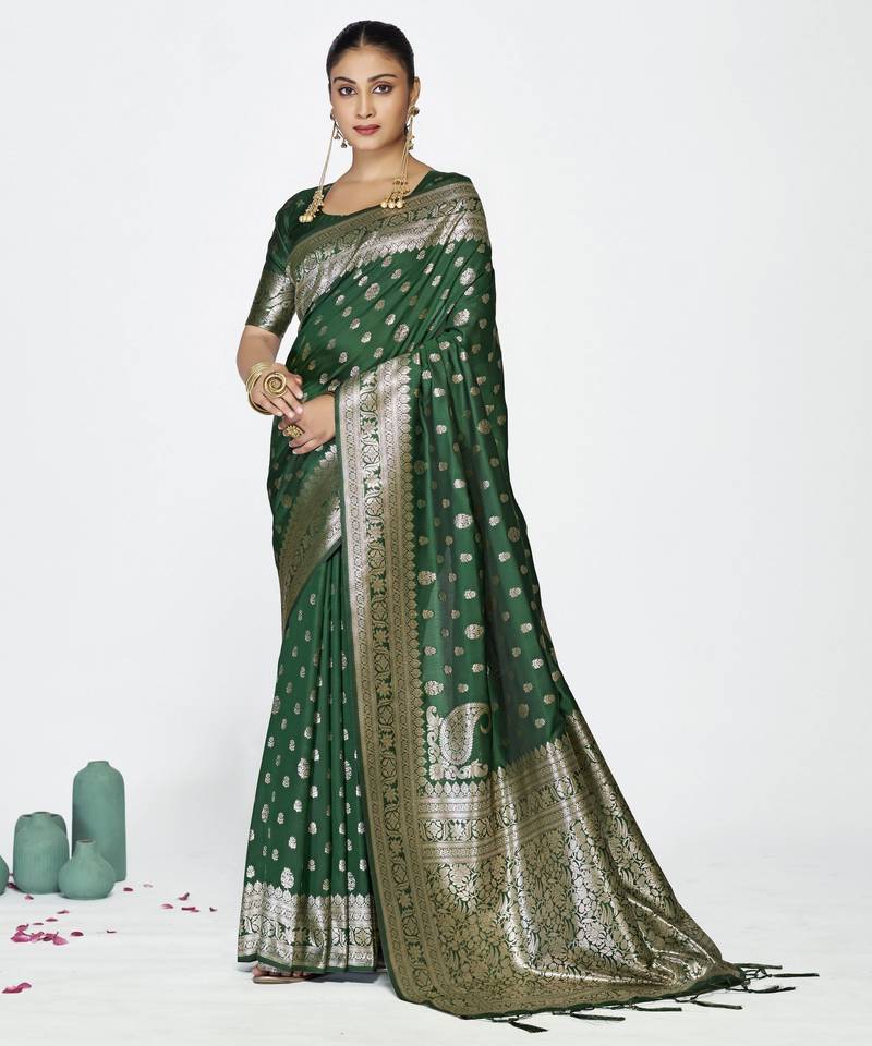 green color banarasi art silk fabric  woven jari butti designer celebrity fancy saree