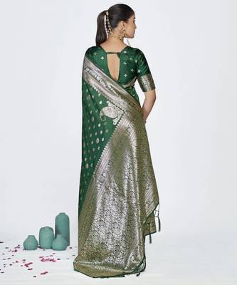 green faux banarasi art silk blend woven zari butti celebrity fancy saree 2