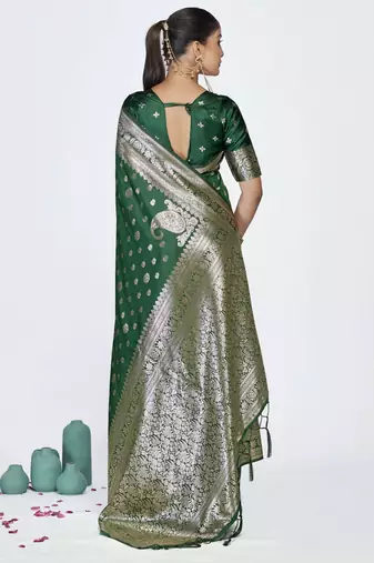 green faux banarasi art silk blend woven zari butti celebrity fancy saree
