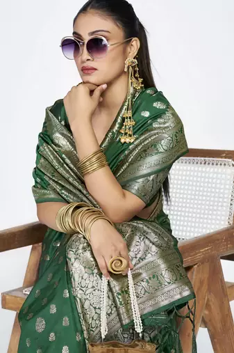 green faux banarasi art silk blend woven zari butti celebrity fancy saree