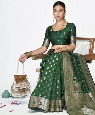 green faux banarasi art silk blend woven zari butti celebrity fancy saree 4