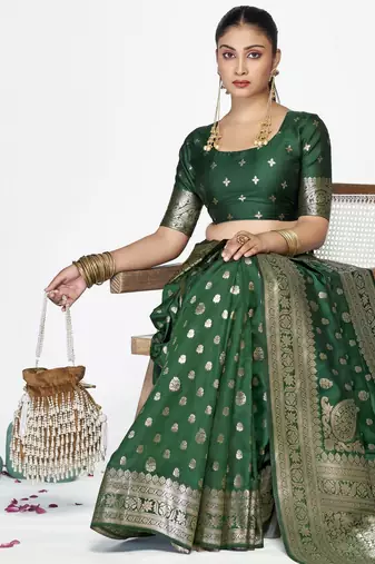 green faux banarasi art silk blend woven zari butti celebrity fancy saree