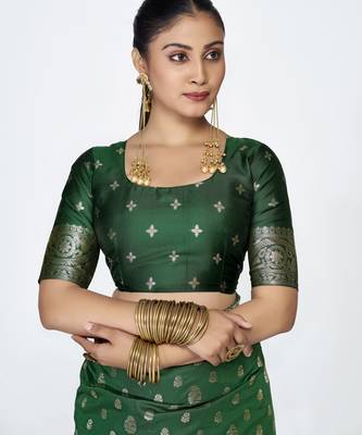 green faux banarasi art silk blend woven zari butti celebrity fancy saree 5