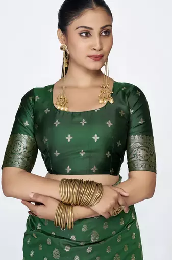 green faux banarasi art silk blend woven zari butti celebrity fancy saree