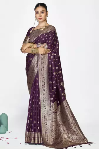 wine color banarasi art silk fabric  woven jari butti designer celebrity fancy saree