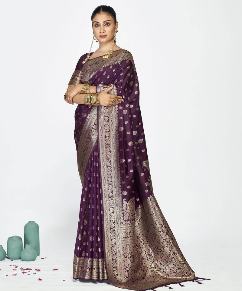 wine color banarasi art silk fabric  woven jari butti designer celebrity fancy saree