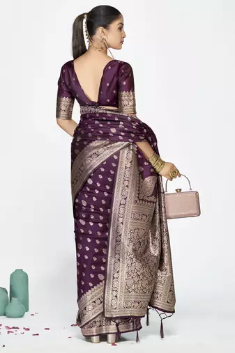 wine faux banarasi art silk blend woven zari butti celebrity fancy saree