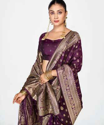 wine faux banarasi art silk blend woven zari butti celebrity fancy saree 3