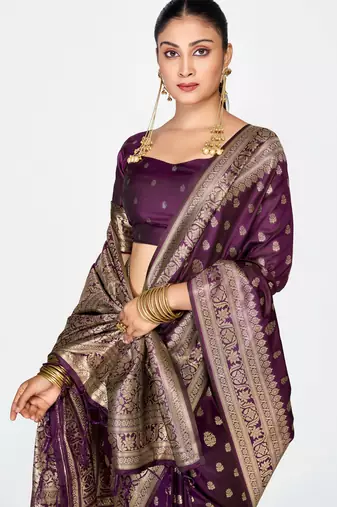 wine faux banarasi art silk blend woven zari butti celebrity fancy saree
