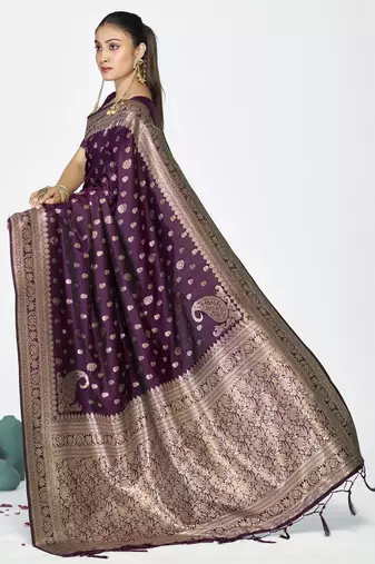 wine faux banarasi art silk blend woven zari butti celebrity fancy saree