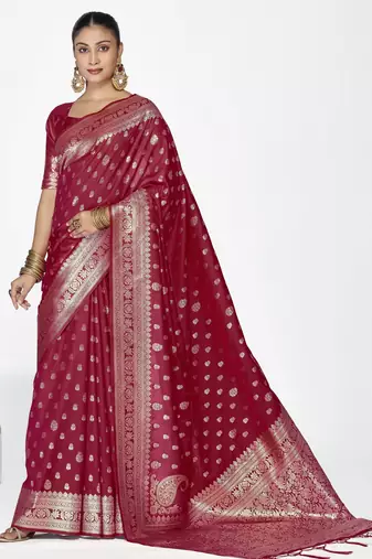 maroon color banarasi art silk fabric  woven jari butti designer celebrity fancy saree