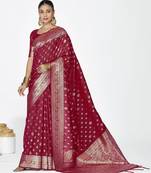 maroon color banarasi art silk fabric  woven jari butti designer celebrity fancy saree