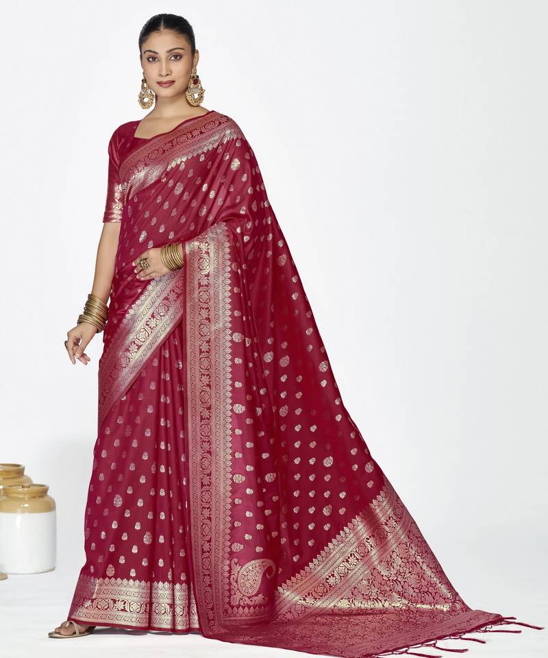 maroon color banarasi art silk fabric  woven jari butti designer celebrity fancy saree