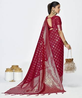 maroon faux banarasi art silk blend woven zari butti celebrity fancy saree 2