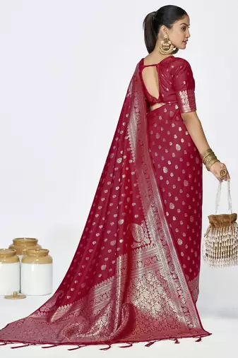 maroon faux banarasi art silk blend woven zari butti celebrity fancy saree