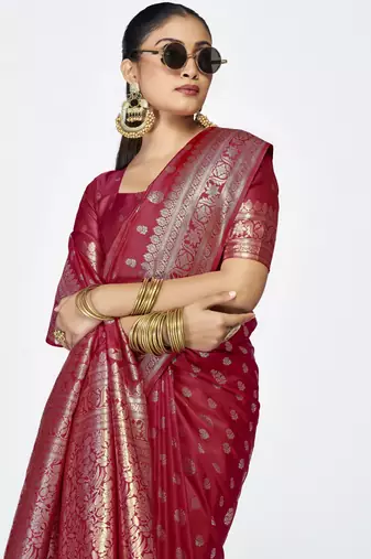 maroon faux banarasi art silk blend woven zari butti celebrity fancy saree