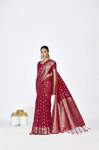 maroon faux banarasi art silk blend woven zari butti celebrity fancy saree