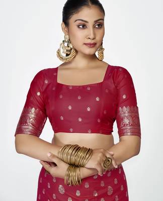 maroon faux banarasi art silk blend woven zari butti celebrity fancy saree 5