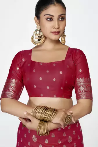maroon faux banarasi art silk blend woven zari butti celebrity fancy saree