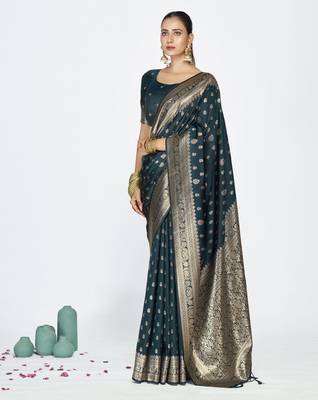 blue faux banarasi art silk blend woven zari butti celebrity fancy saree 1