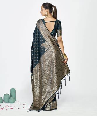 blue faux banarasi art silk blend woven zari butti celebrity fancy saree 2