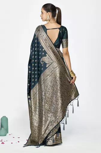 blue faux banarasi art silk blend woven zari butti celebrity fancy saree