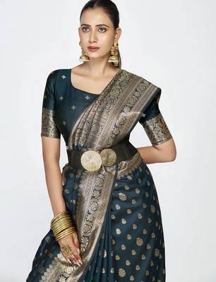 blue faux banarasi art silk blend woven zari butti celebrity fancy saree 3