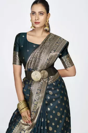 blue faux banarasi art silk blend woven zari butti celebrity fancy saree