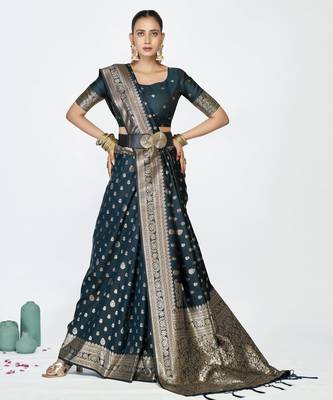 blue faux banarasi art silk blend woven zari butti celebrity fancy saree 4