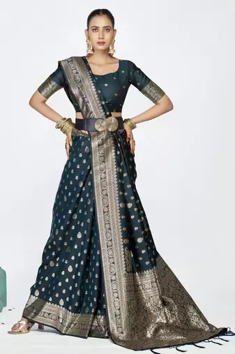 blue faux banarasi art silk blend woven zari butti celebrity fancy saree